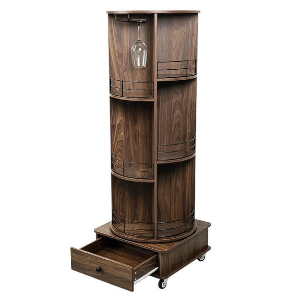 English Elm 53 Inch Rotating Corner Wine Tower Retro Bar Cart with Stemware Holders Lockable Wheels W2977P536714