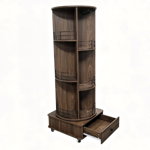 English Elm 53 Inch Rotating Corner Wine Tower Retro Bar Cart with Stemware Holders Lockable Wheels W2977P536714