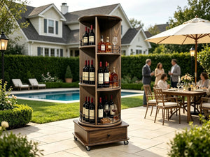 English Elm 53 Inch Rotating Corner Wine Tower Retro Bar Cart with Stemware Holders Lockable Wheels W2977P536714
