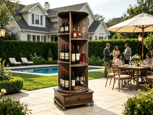 English Elm 53 Inch Rotating Corner Wine Tower Retro Bar Cart with Stemware Holders Lockable Wheels W2977P536714