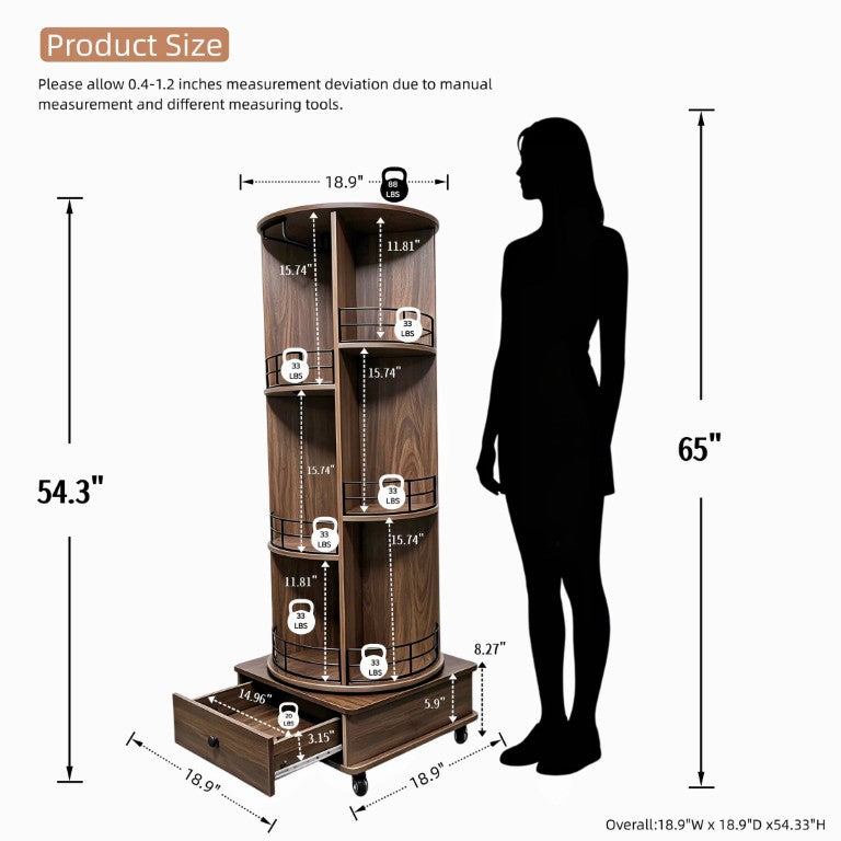English Elm 53 Inch Rotating Corner Wine Tower Retro Bar Cart with Stemware Holders Lockable Wheels W2977P536714