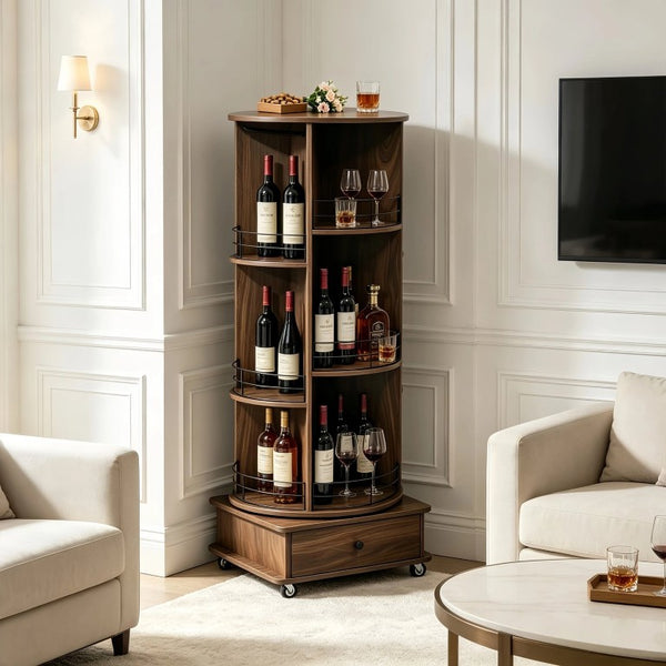 English Elm 53 Inch Rotating Corner Wine Tower Retro Bar Cart with Stemware Holders Lockable Wheels W2977P536714