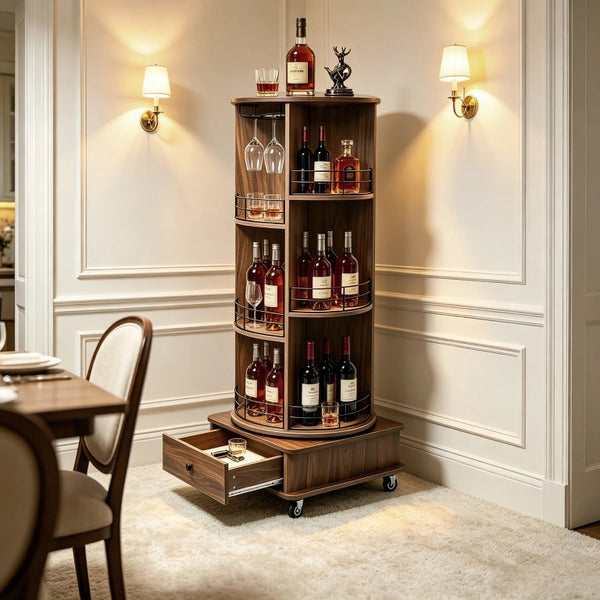 English Elm 53 Inch Rotating Corner Wine Tower Retro Bar Cart with Stemware Holders Lockable Wheels W2977P536714