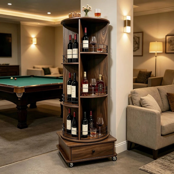 English Elm 53 Inch Rotating Corner Wine Tower Retro Bar Cart with Stemware Holders Lockable Wheels W2977P536714