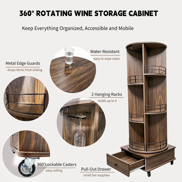 English Elm 53 Inch Rotating Corner Wine Tower Retro Bar Cart with Stemware Holders Lockable Wheels W2977P536714