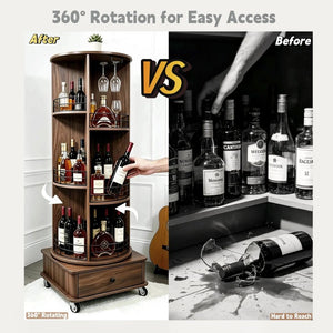 English Elm 53 Inch Rotating Corner Wine Tower Retro Bar Cart with Stemware Holders Lockable Wheels W2977P536714