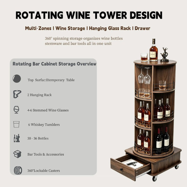 English Elm 53 Inch Rotating Corner Wine Tower Retro Bar Cart with Stemware Holders Lockable Wheels W2977P536714