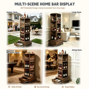 English Elm 53 Inch Rotating Corner Wine Tower Retro Bar Cart with Stemware Holders Lockable Wheels W2977P536714