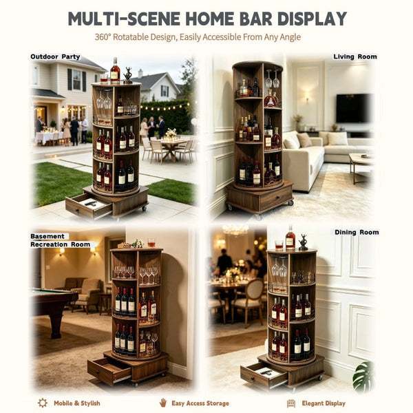English Elm 53 Inch Rotating Corner Wine Tower Retro Bar Cart with Stemware Holders Lockable Wheels W2977P536714