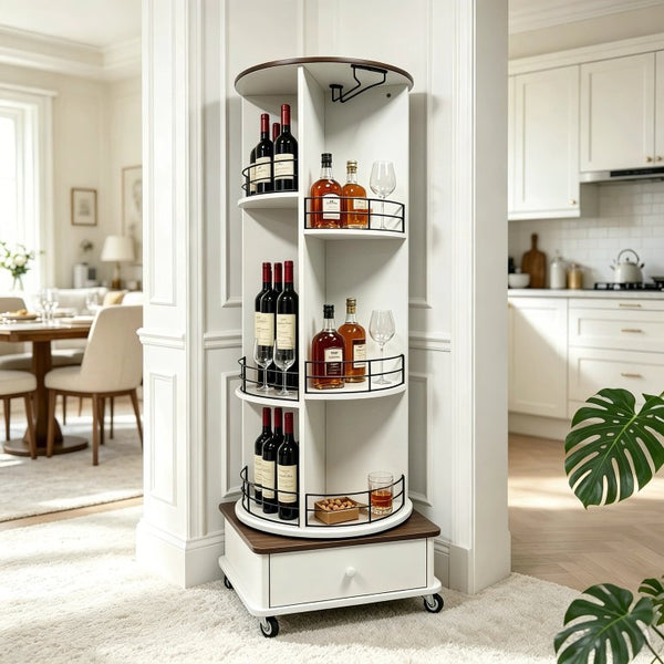 English Elm 53 Inch Rotating Wine Tower Retro White Bar Cabinet with Stemware Storage on Wheels W2977P536715