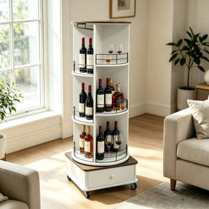 English Elm 53 Inch Rotating Wine Tower Retro White Bar Cabinet with Stemware Storage on Wheels W2977P536715