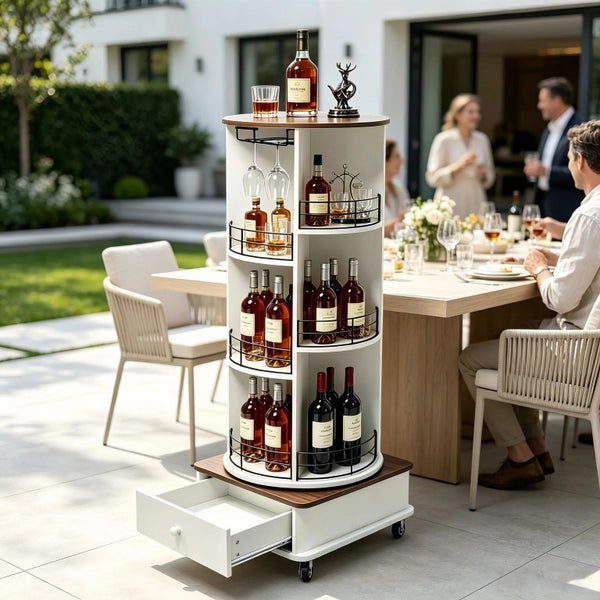 English Elm 53 Inch Rotating Wine Tower Retro White Bar Cabinet with Stemware Storage on Wheels W2977P536715