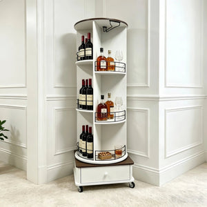 English Elm 53 Inch Rotating Wine Tower Retro White Bar Cabinet with Stemware Storage on Wheels W2977P536715