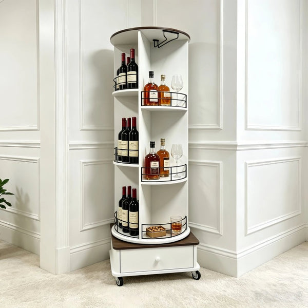 English Elm 53 Inch Rotating Wine Tower Retro White Bar Cabinet with Stemware Storage on Wheels W2977P536715