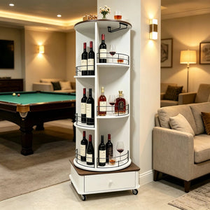 English Elm 53 Inch Rotating Wine Tower Retro White Bar Cabinet with Stemware Storage on Wheels W2977P536715