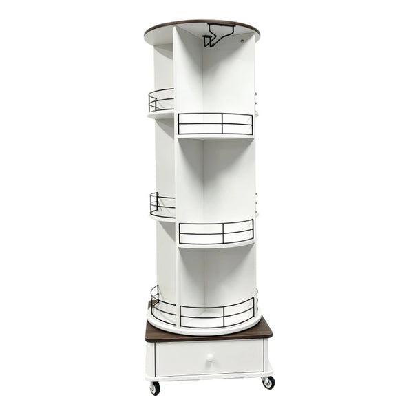 English Elm 53 Inch Rotating Wine Tower Retro White Bar Cabinet with Stemware Storage on Wheels W2977P536715