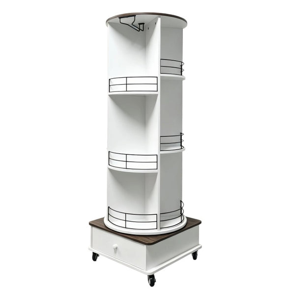 English Elm 53 Inch Rotating Wine Tower Retro White Bar Cabinet with Stemware Storage on Wheels W2977P536715