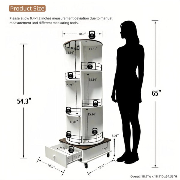 English Elm 53 Inch Rotating Wine Tower Retro White Bar Cabinet with Stemware Storage on Wheels W2977P536715