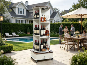 English Elm 53 Inch Rotating Wine Tower Retro White Bar Cabinet with Stemware Storage on Wheels W2977P536715