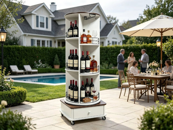 English Elm 53 Inch Rotating Wine Tower Retro White Bar Cabinet with Stemware Storage on Wheels W2977P536715