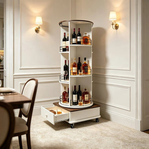 English Elm 53 Inch Rotating Wine Tower Retro White Bar Cabinet with Stemware Storage on Wheels W2977P536715