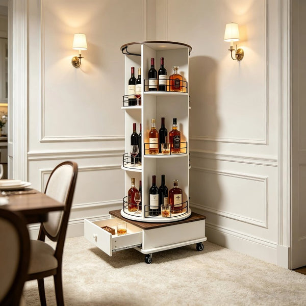 English Elm 53 Inch Rotating Wine Tower Retro White Bar Cabinet with Stemware Storage on Wheels W2977P536715