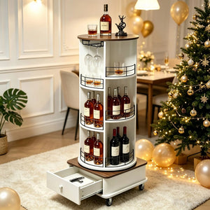 English Elm 53 Inch Rotating Wine Tower Retro White Bar Cabinet with Stemware Storage on Wheels W2977P536715