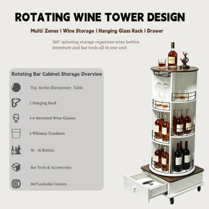 English Elm 53 Inch Rotating Wine Tower Retro White Bar Cabinet with Stemware Storage on Wheels W2977P536715