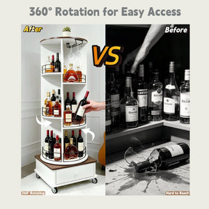 English Elm 53 Inch Rotating Wine Tower Retro White Bar Cabinet with Stemware Storage on Wheels W2977P536715