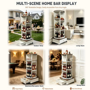 English Elm 53 Inch Rotating Wine Tower Retro White Bar Cabinet with Stemware Storage on Wheels W2977P536715