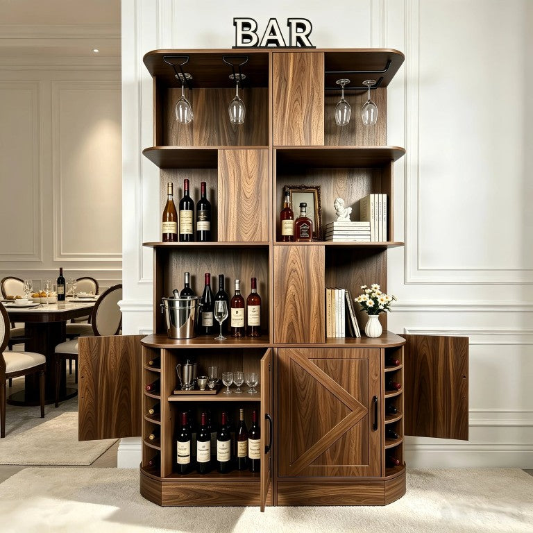 English Elm 2-In-1 Modular Farmhouse Corner Bar Cabinet with Barn Doors and Built-In Wine Rack W2977S00002