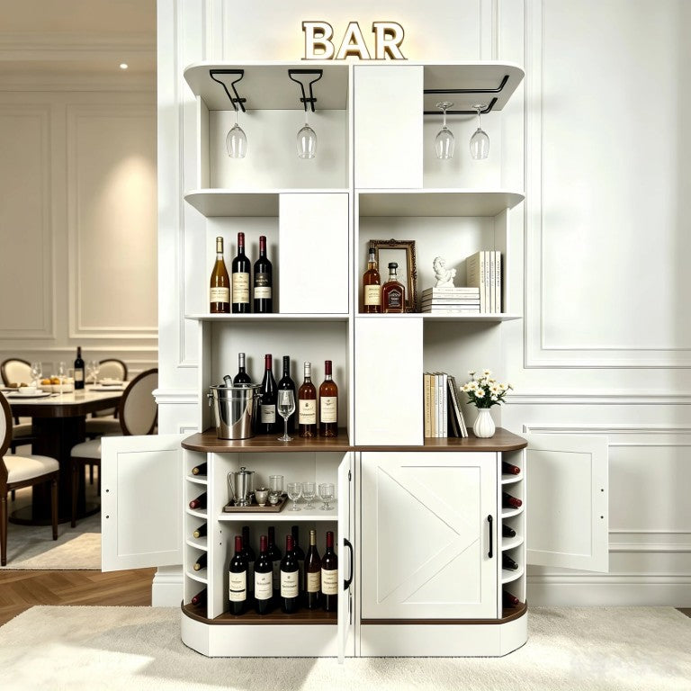 English Elm 2-In-1 Modular Farmhouse Corner Cabinet with Barn Doors Stemware Rack Wine Slots W2977S00003