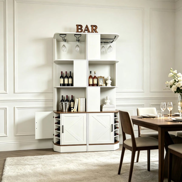 English Elm 2-In-1 Modular Farmhouse Corner Cabinet with Barn Doors Stemware Rack Wine Slots W2977S00003