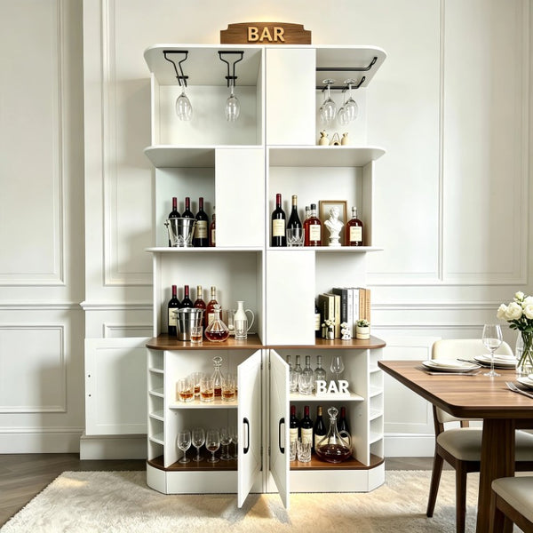 English Elm 2-In-1 Modular Farmhouse Corner Cabinet with Barn Doors Stemware Rack Wine Slots W2977S00003