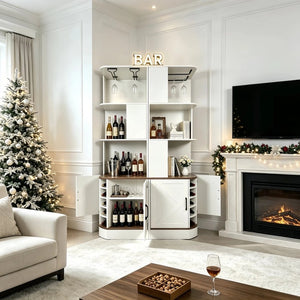 English Elm 2-In-1 Modular Farmhouse Corner Cabinet with Barn Doors Stemware Rack Wine Slots W2977S00003