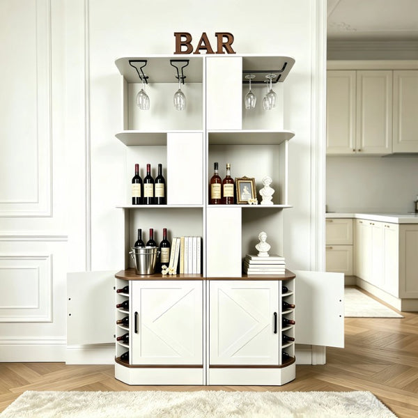 English Elm 2-In-1 Modular Farmhouse Corner Cabinet with Barn Doors Stemware Rack Wine Slots W2977S00003