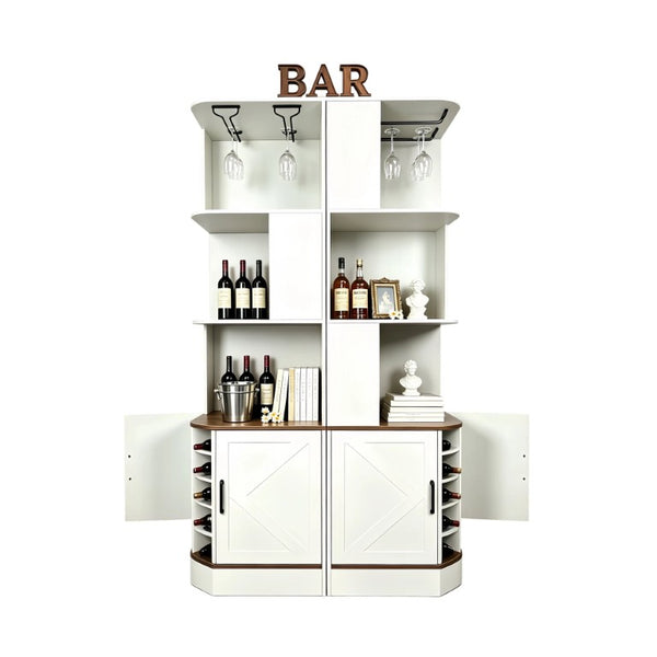 English Elm 2-In-1 Modular Farmhouse Corner Cabinet with Barn Doors Stemware Rack Wine Slots W2977S00003