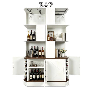 English Elm 2-In-1 Modular Farmhouse Corner Cabinet with Barn Doors Stemware Rack Wine Slots W2977S00003