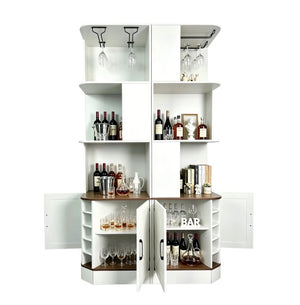 English Elm 2-In-1 Modular Farmhouse Corner Cabinet with Barn Doors Stemware Rack Wine Slots W2977S00003