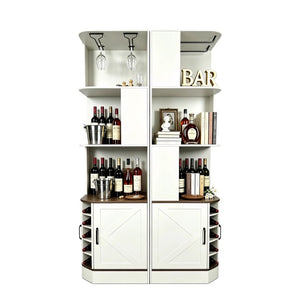 English Elm 2-In-1 Modular Farmhouse Corner Cabinet with Barn Doors Stemware Rack Wine Slots W2977S00003