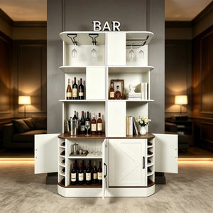 English Elm 2-In-1 Modular Farmhouse Corner Cabinet with Barn Doors Stemware Rack Wine Slots W2977S00003