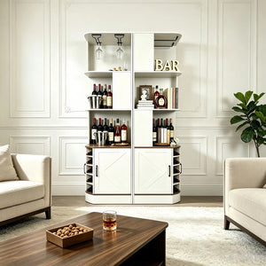 English Elm 2-In-1 Modular Farmhouse Corner Cabinet with Barn Doors Stemware Rack Wine Slots W2977S00003