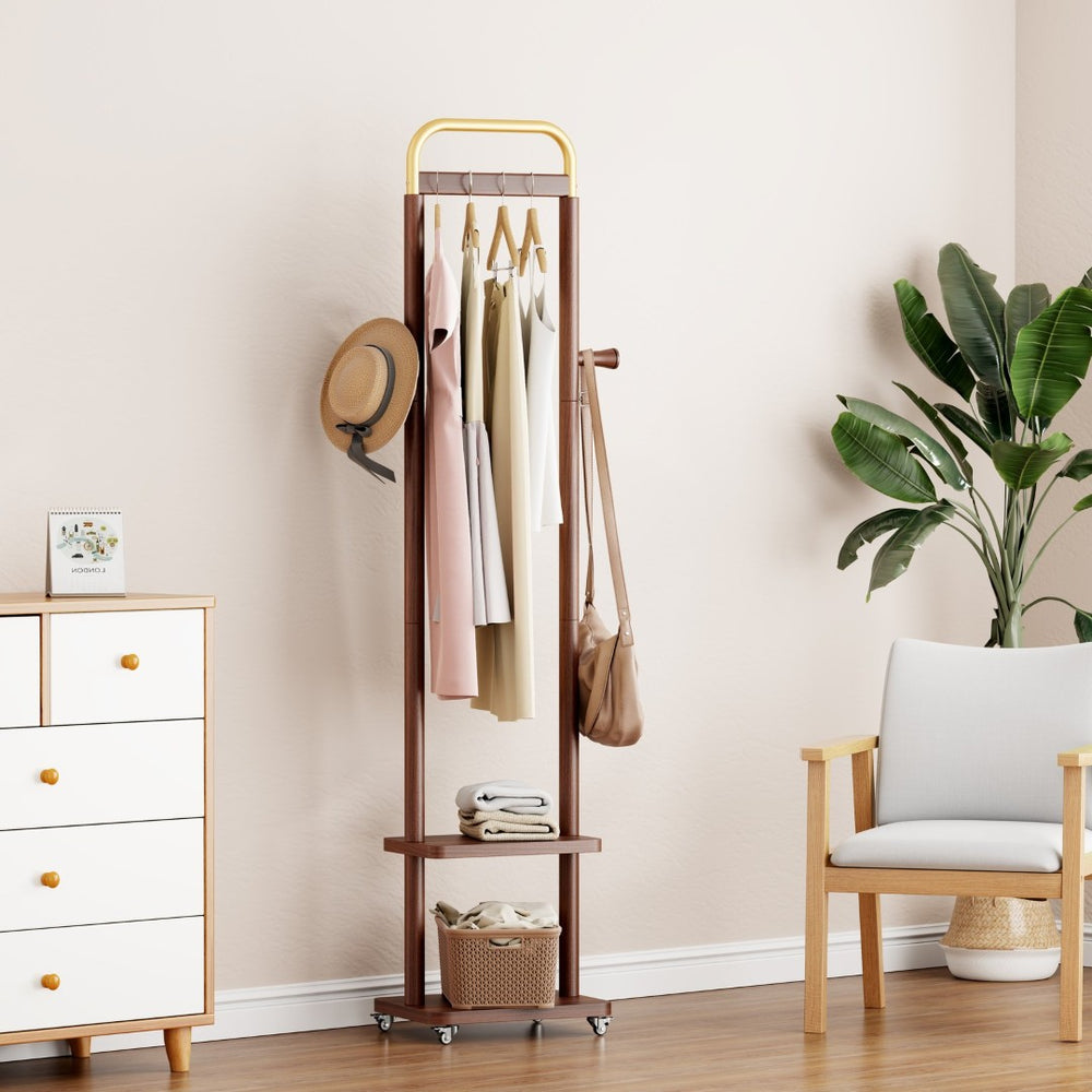 English Elm Coat Rack Solid Wood Walnut Finish Freestanding Entryway Organizer for Slim Modern Spaces W2987P412252