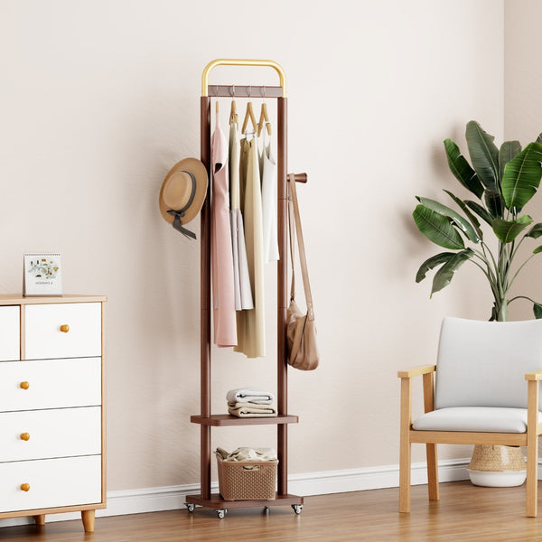 English Elm Coat Rack Solid Wood Walnut Finish Freestanding Entryway Organizer for Slim Modern Spaces W2987P412252