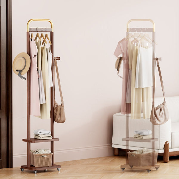 English Elm Coat Rack Solid Wood Walnut Finish Freestanding Entryway Organizer for Slim Modern Spaces W2987P412252