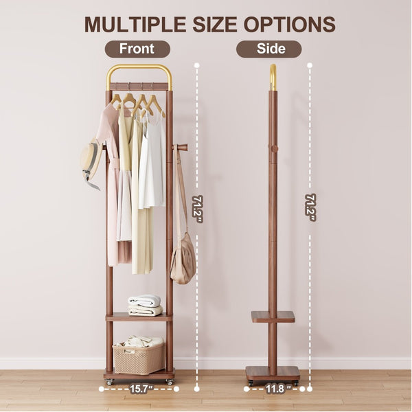 English Elm Coat Rack Solid Wood Walnut Finish Freestanding Entryway Organizer for Slim Modern Spaces W2987P412252