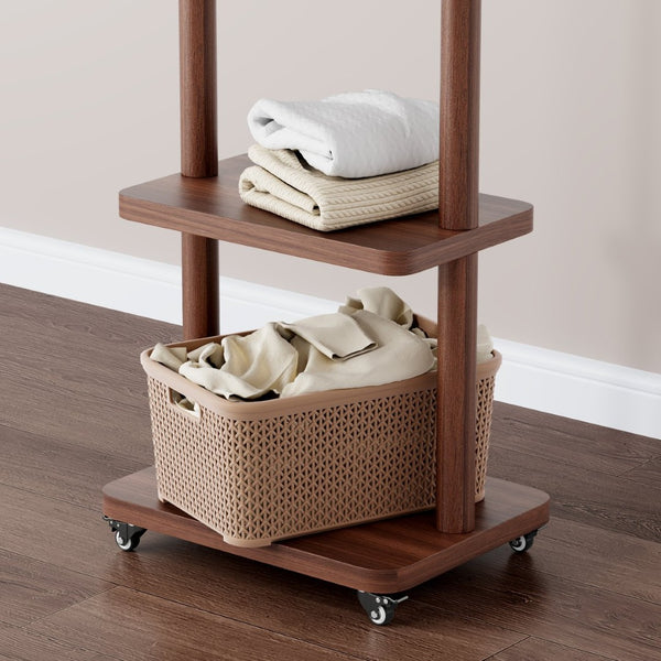 English Elm Coat Rack Solid Wood Walnut Finish Freestanding Entryway Organizer for Slim Modern Spaces W2987P412252