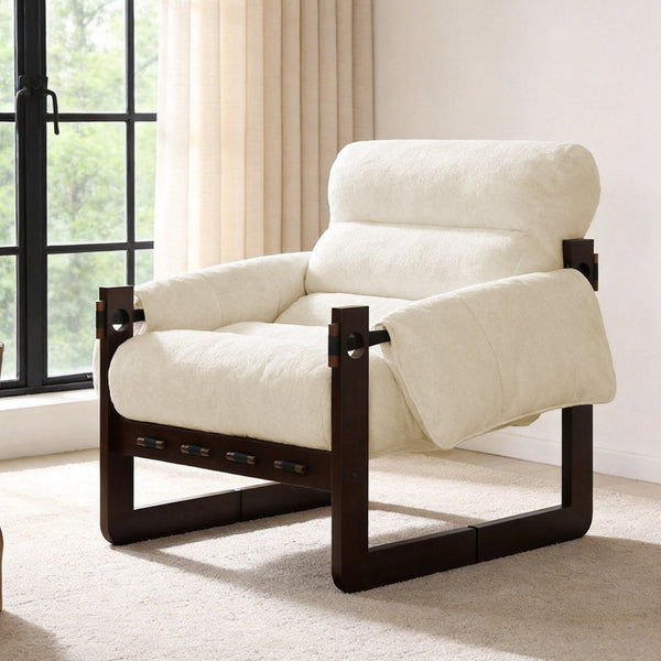 English Elm Chenille Upholstered Accent Chair with Rolled Arms Wooden Frame for Reading Nook or Living Room Beige W2989P400343