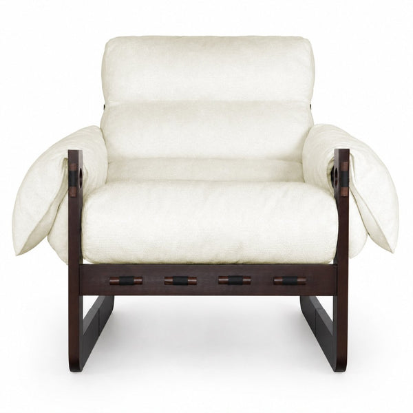 English Elm Chenille Upholstered Accent Chair with Rolled Arms Wooden Frame for Reading Nook or Living Room Beige W2989P400343