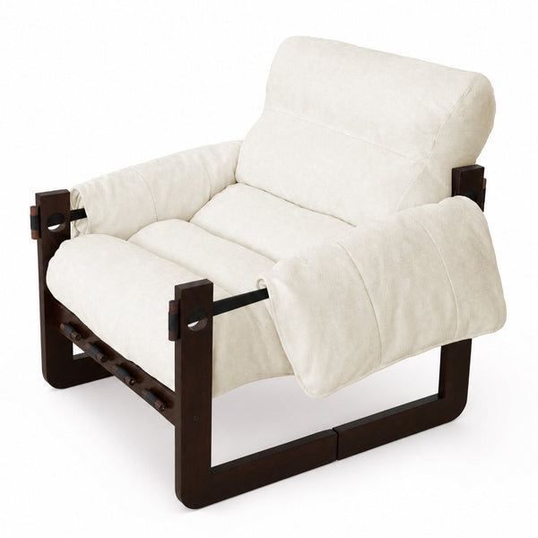 English Elm Chenille Upholstered Accent Chair with Rolled Arms Wooden Frame for Reading Nook or Living Room Beige W2989P400343